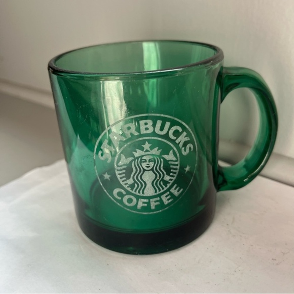 Vintage 1990’s Starbucks Coffee Mug 12oz Clear Green Glass Etched Siren Logo